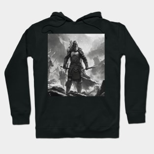 A Black and Gray apocalyptic Viking Battle in Valhalla with a Viking Warrior with a spear and a sword. Hoodie